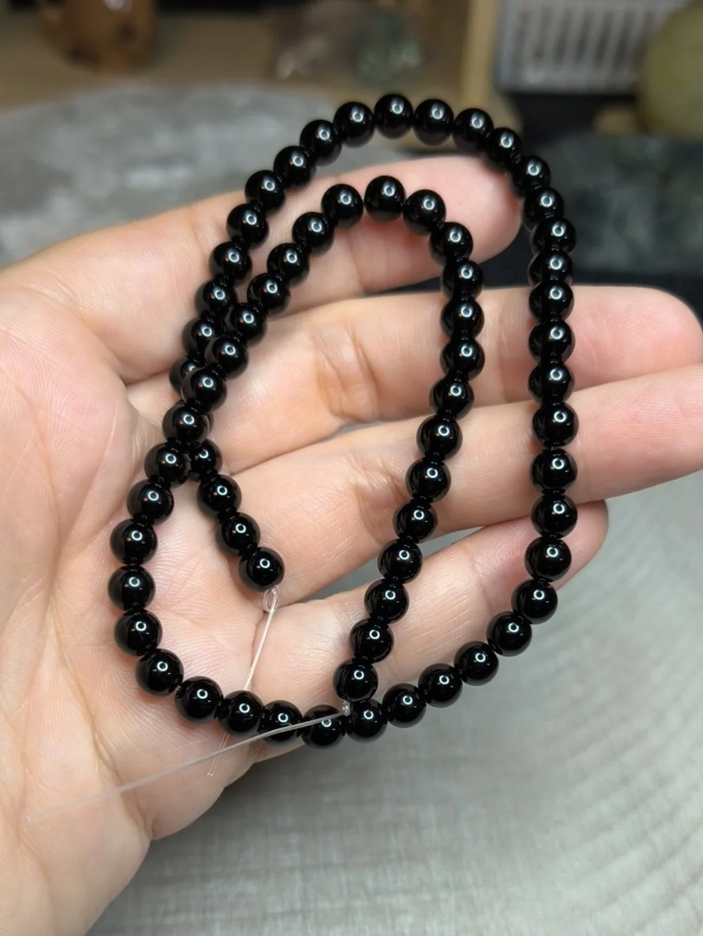 #5- 6mm Glossy Black Glass Beads Strand - 15 Inch